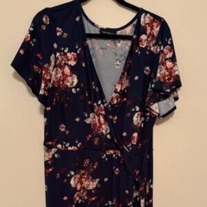 Dark Blue Floral wrap dress with uneven hem